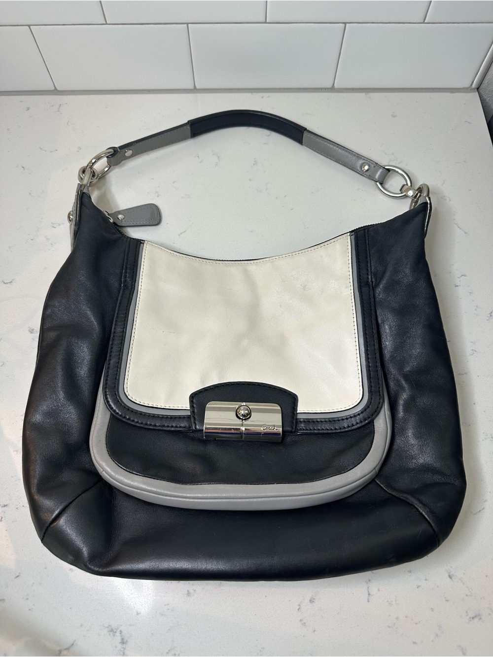 Vintage Coach Black and White Leather Hobo Bag with Gray Trim